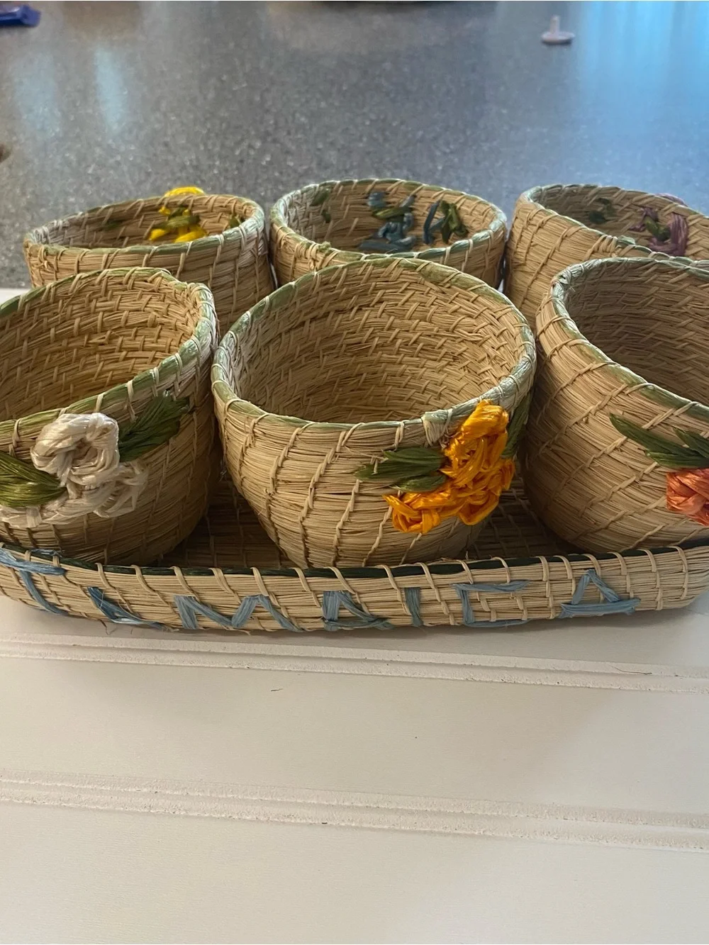 Handwoven Natural Straw Condiment Basket Set Floral Accents Jamaica Party Camp